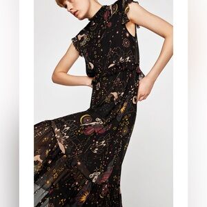 Zara witchy moon print midi dress with flutter sleeves and a celestial pattern